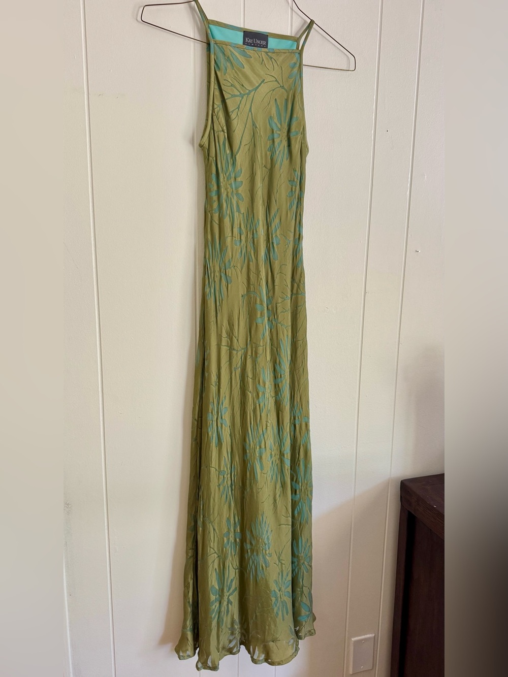 Kay Unger New York Silk Blend Floral Maxi Dress Size 8 Green Blue Fall Autumn